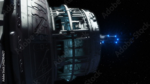 Highly detailed huge spaceship approaching to the Earth. 