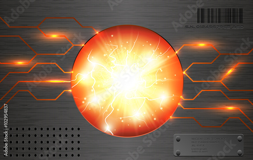 Vector power energy atomic reactor background. Nuclear reaction and brushed metal with lightning and glow line