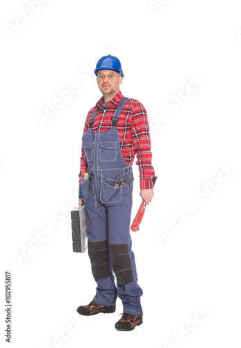 Plumber worker isolated on white
