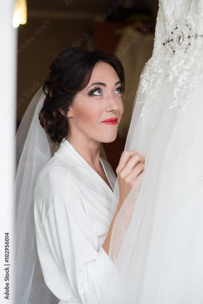 Beautiful young bride with a white wedding dress. Last preparations for the wedding. Bride waits for her groom. Morning, the bride. Beautiful young bride with a white wedding dress. Last preparations for the wedding. Bride waits for her groom. Morning, the bride.