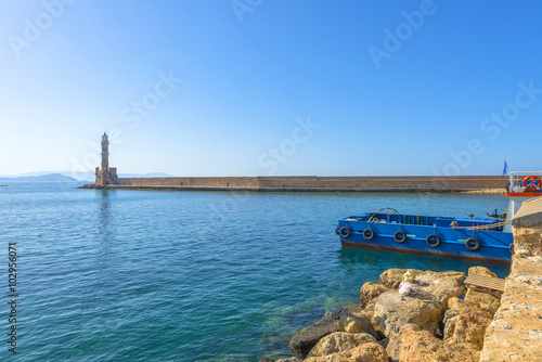 Lighthouse at the port of Chania in Crete, Greece
