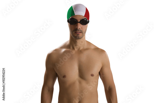  Portrait of man in swimsuit  professional swimmer  with Italian