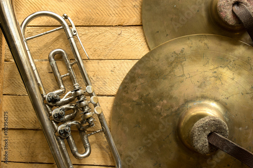 old horn on wooden background