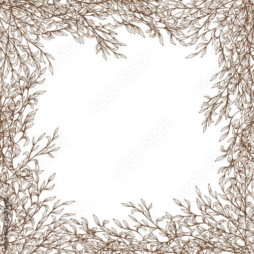 Vector decorative frame with branches, leaves. Hand drawn illustration