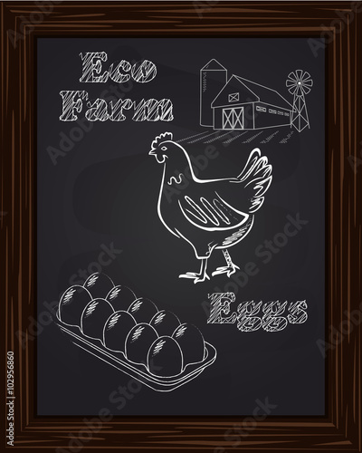 Eco Farm with hen and eggs drawing with chalk