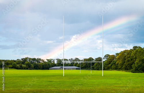 Ireland, Dublin county, a rainbow on a rugby field in the Malahide garden