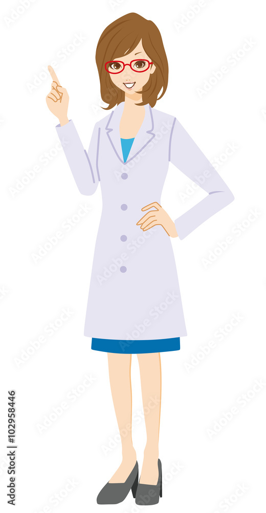 白衣　女性　指差し
