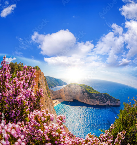 Fototapeta Naklejka Na Ścianę i Meble -  Navagio beach with shipwreck and flowers against blue sky on Zakynthos island, Greece