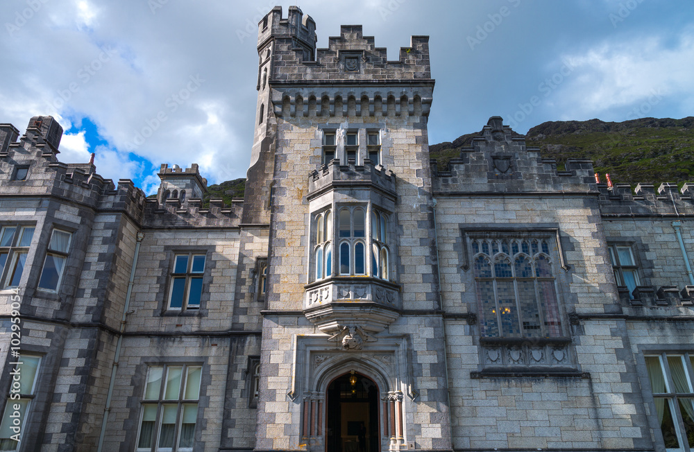 Calway, Ireland, Connemara area, upward view of the facade of the Kylemore abbey 