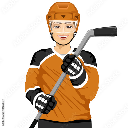 male ice hockey player with an ice hockey stick