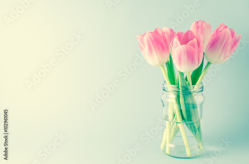 Fototapeta Naklejka Na Ścianę i Meble -  Beautiful pink tulips in jar
