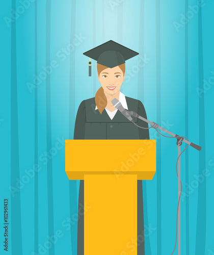 Graduation ceremony speech flat vector illustration. Young smiling Asian girl graduate in a gown and a mortarboard stands at a podium and gives a graduation speech. Academic education concept