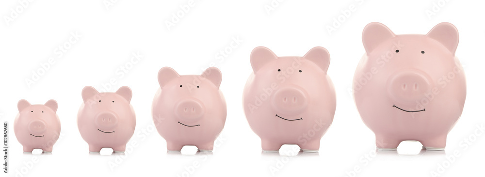 Collage of pink ceramic piggy banks isolated on white Collage of pink ceramic piggy banks isolated on white