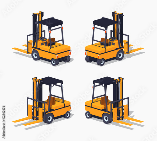 Orange forklift truck. 3D lowpoly isometric vector illustration. The set of objects isolated against the white background and shown from different sides photo