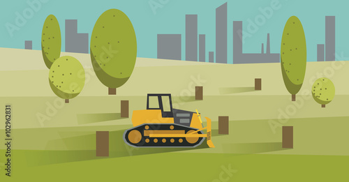Deforestation with Yellow Bulldozer. Vector Illustration
