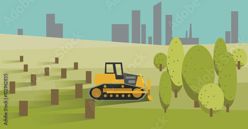 Deforestation with Yellow Bulldozer. Vector Illustration