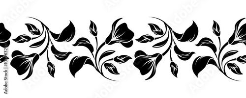 Vector horizontal black and white seamless background with flowers.