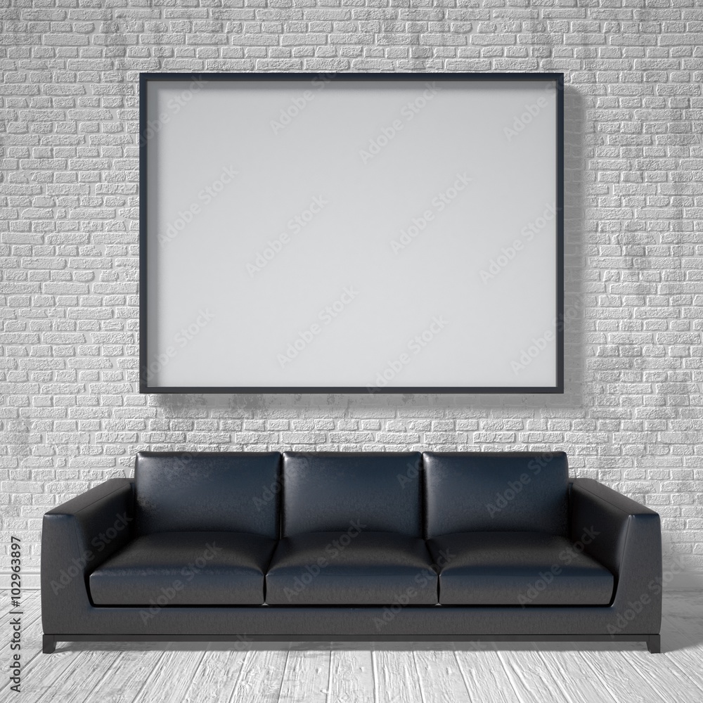 Mock up poster, black leather sofa. 3D render illustration Mock up poster, black leather sofa. 3D render illustration