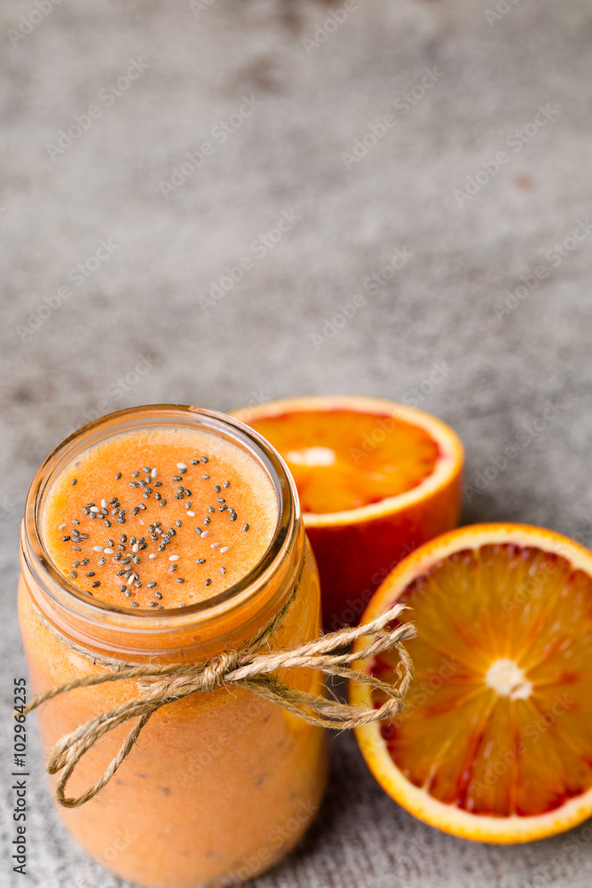 Red Orange Smoothie, decor mint leaves. Red Orange Smoothie, decor mint leaves.