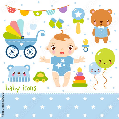 Cute cartoon baby boy set. Vector illustration of a little girl and toys.