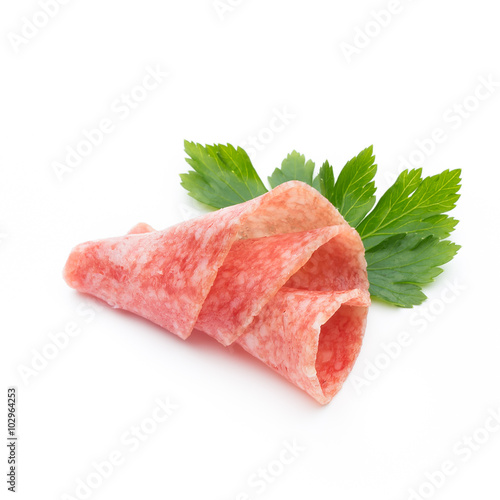 Sausage slices isolated on white background cutout. photo