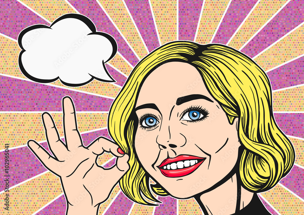 Awesome joyful blonde Woman smiling and showing OK hand sign, pop art comic style