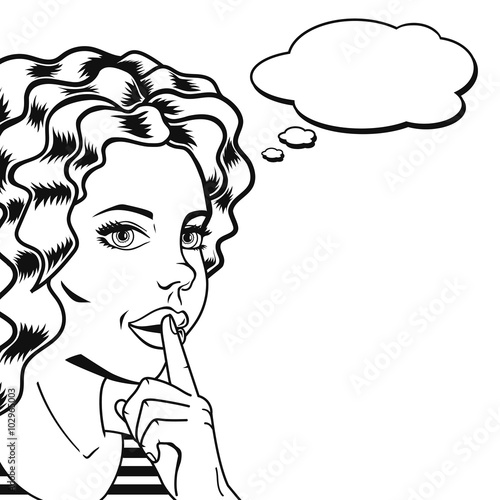Vector sketch woman with finger on lips for quiet silence outlined