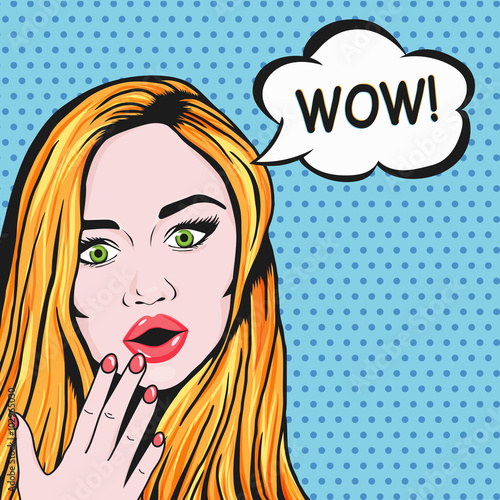 Vector Pop Art redhead Woman face with open mouth and message WOW in comic style