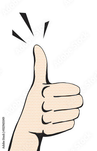 Vector pop art dotted thumbs up hand sign, like hand gesture for design in comic style isolated on white background