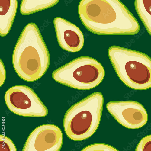 Avocado fruit seamless pattern with dar green background. Print design