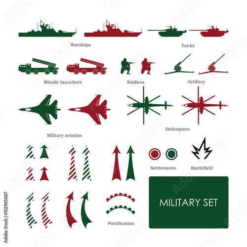 Military set for tactical map with detailed icons