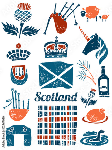 Symbols of Scotland set in lino style