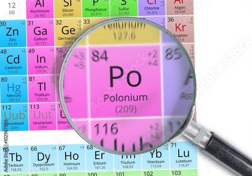 Polonium - Element of Mendeleev Periodic table magnified with magnifying glass photo