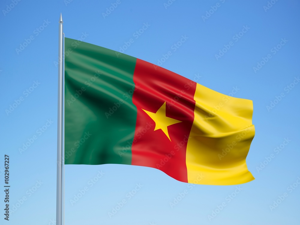 Cameroon 3d flag floating in the wind with a blue sky background Cameroon 3d flag floating in the wind with a blue sky background