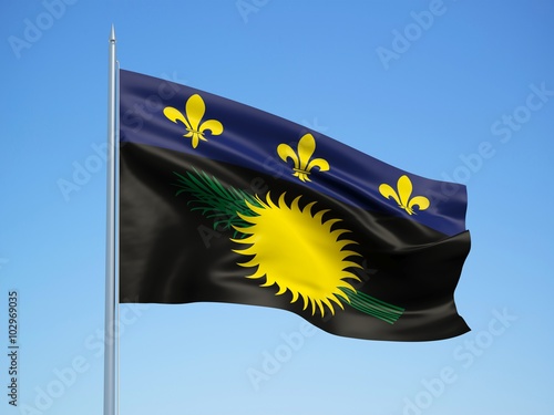 Guadeloupe 3d flag floating in the wind with a blue sky background 