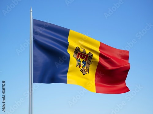 Moldova 3d flag floating in the wind with a blue sky background