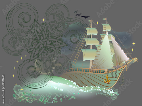 Illustration of fairyland fantasy Celtic ship, vector cartoon image.