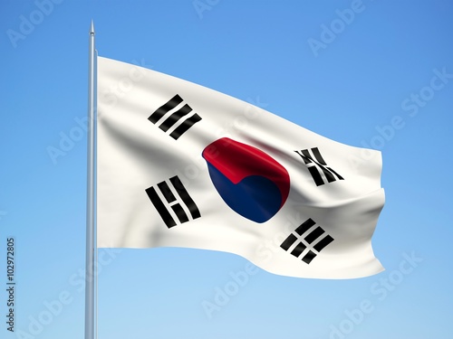 South Korea 3d flag floating in the wind with a blue sky background