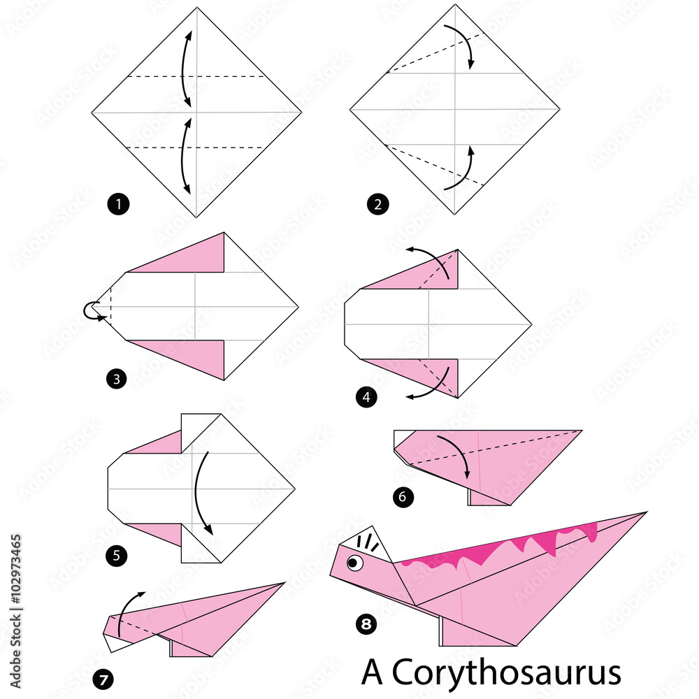 step by step instructions how to make origami A dinosaur. vector de Stock |  Adobe Stock