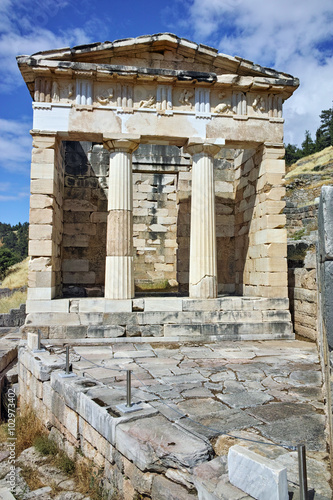Building of Treasury of Athens in Ancient Greek archaeological site of Delphi,Central Greece