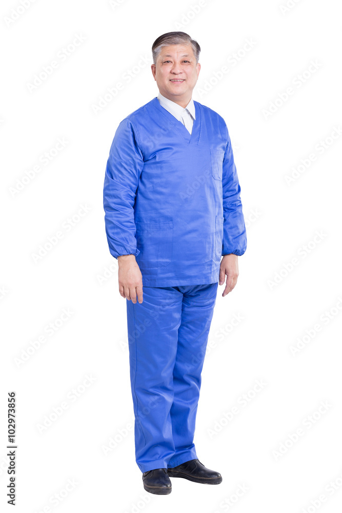 Fototapeta premium isolated old asian man doctor in blue uniform