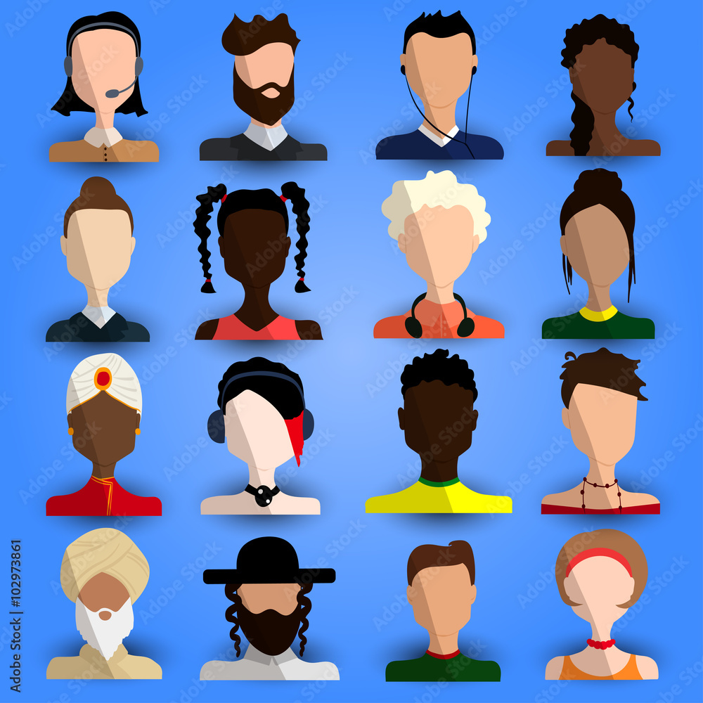 Full Cool and Artistic Avatar Set in Flat Design with Caucasian Black  Hispanic Asian Arab People Blonde Brunette Young Old Hipster  Religious for Business App and Web Design Stock Vector  Adobe