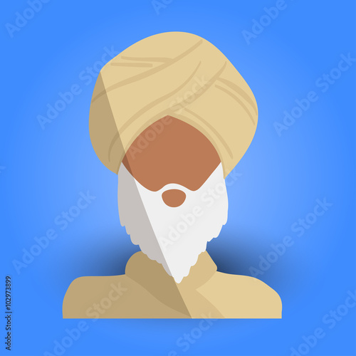 Cool and Artistic Avatar in Flat Design with an Arab Old Man, White Beard and Traditional Religious Ethnic Clothes for Business, App and Web Design