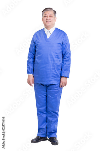 isolated old asian man doctor in blue uniform © zhu difeng