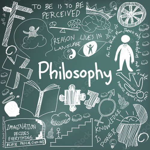 World philosophy and religion doctrine chalk handwriting doodle sketch design subject sign and symbol in blackboard background for education subject presentation or introduction with text (vector) 