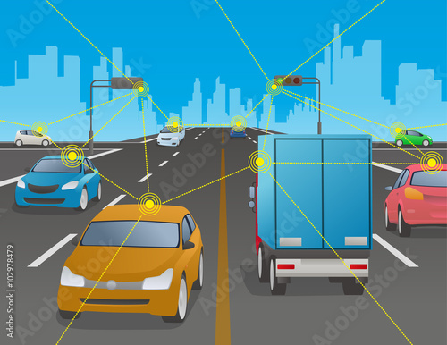 signalized intersection and various vehicle, Traffic and wireless network, Intelligent Transport Systems, Internet of Things, vector illustration