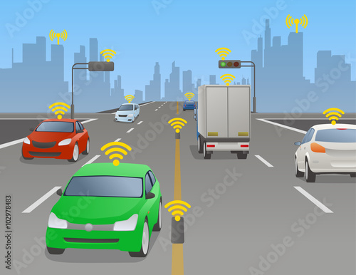 signalized intersection and various vehicle, Traffic and wireless network, Intelligent Transport Systems, Internet of Things, vector illustration