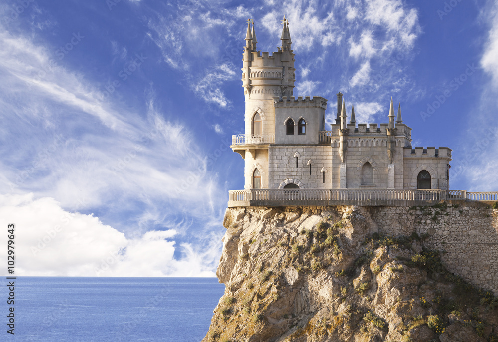 Swallow's Nest castle on the rock over the Black Sea early in the morning. Gaspra. Crimea, Russia