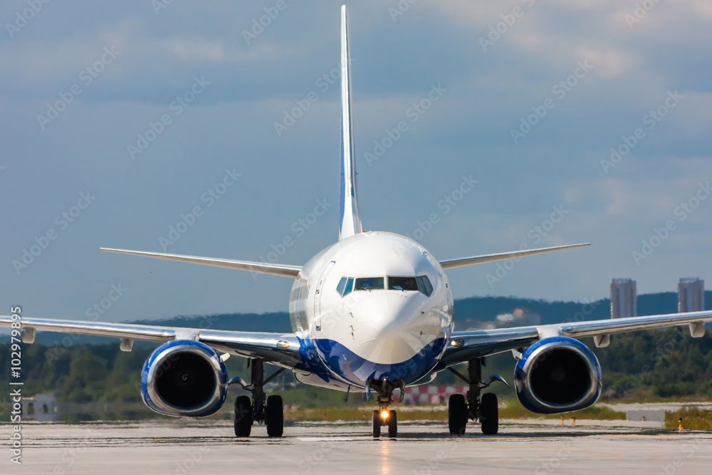 Close up image of passenger airplane on the runway Close up image of passenger airplane on the runway