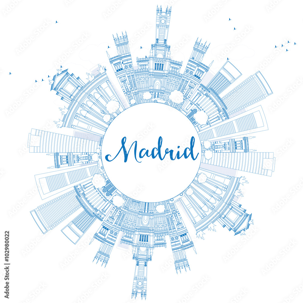 Outline Madrid Skyline with Blue Buildings and Copy Space. Outline Madrid Skyline with Blue Buildings and Copy Space.